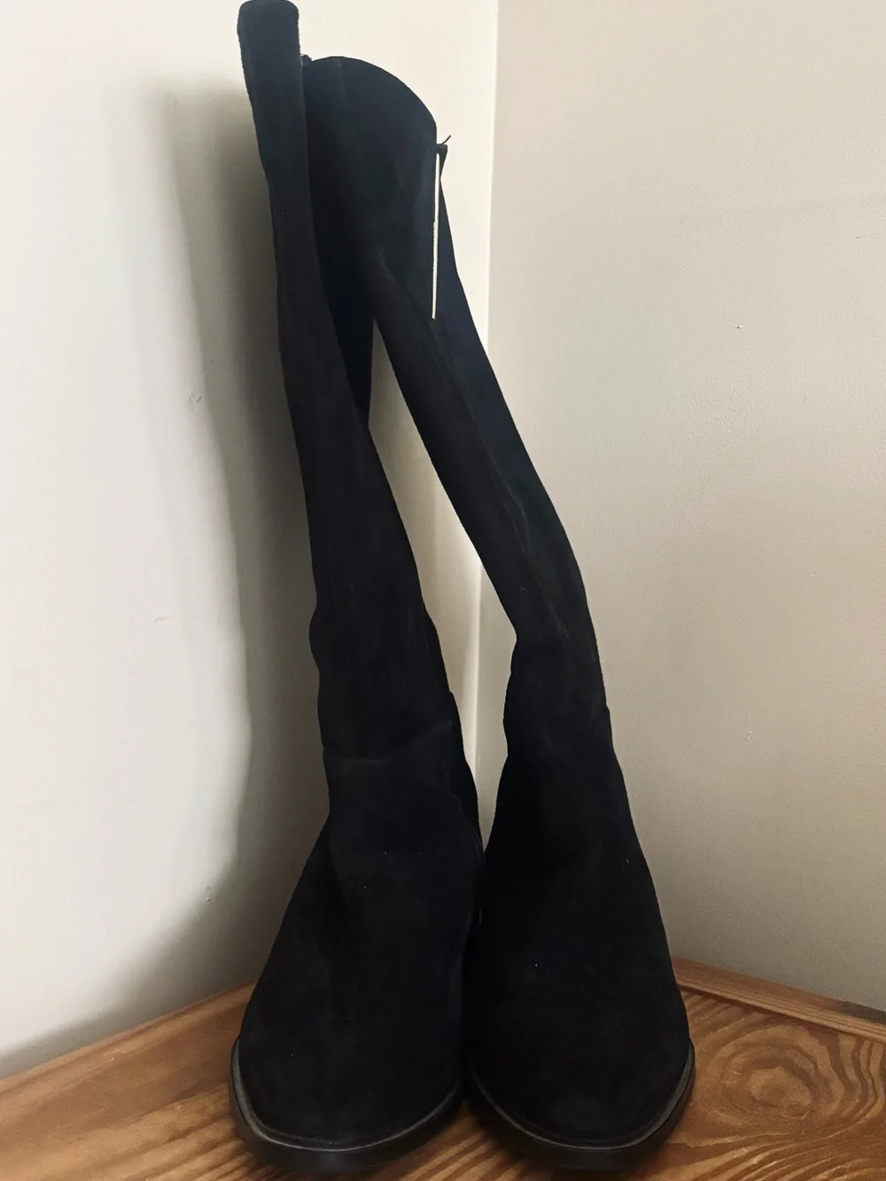 Calvin Klein Francine Over-The-Knee Black Suede Boot with Gold Accent